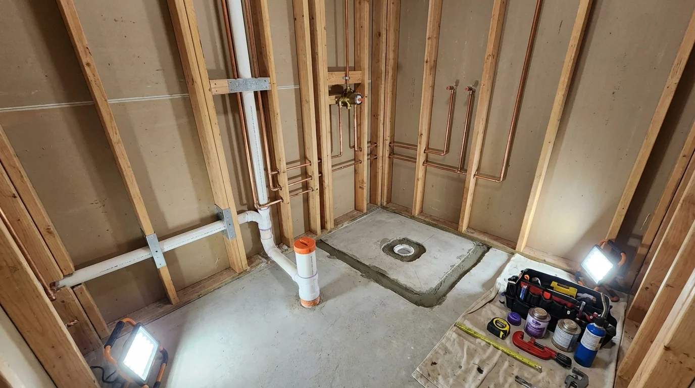 Bathroom rough-in plumbing during remodel by Johns Plumbing LLC in Olyphant