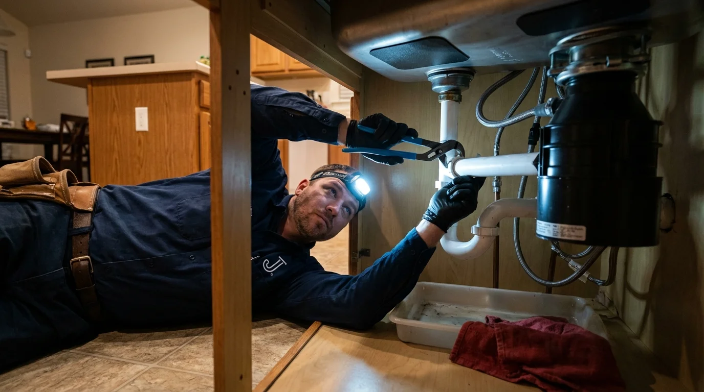 P-trap and supply line connections under a kitchen sink showing a common leak point in Olyphant, PA